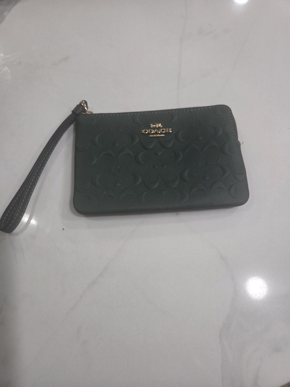 Coach Green Signature Embossed Leather Wristlet with Gold Hardware